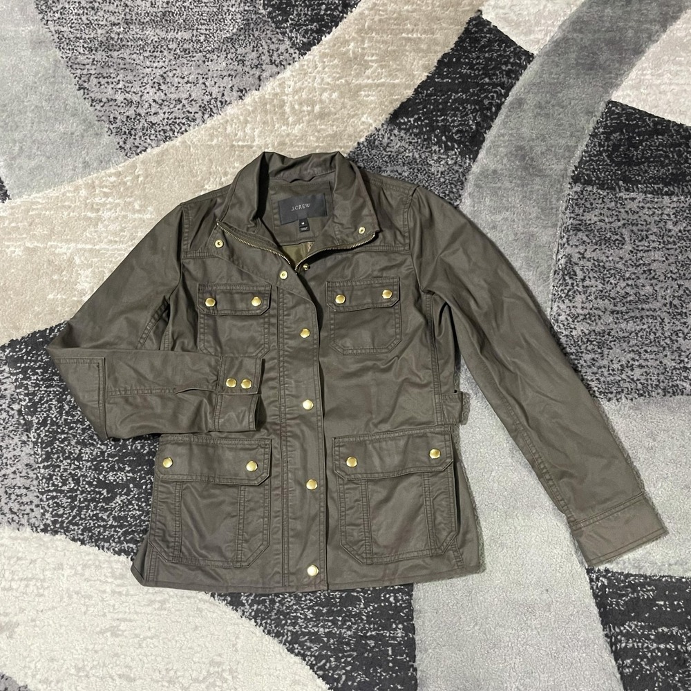 J Crew Jacket Women XS Green Waxed Utility Field Coat Cotton Military Pockets